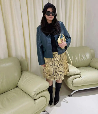 Snakeskin Printed Fashion Skirt Women's High Waist Slim Contrast Patchwork Commute Streetwear Female Vintage Y2k Skirt DDX8
