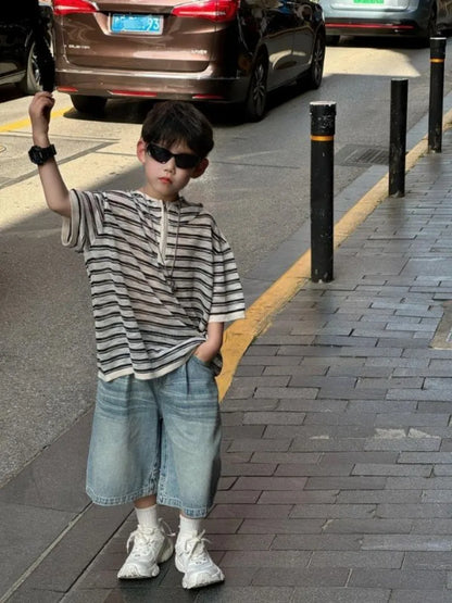 2025 Summer New Boys' Korean Casual Hooded Short Sleeve T-Shirt Loose Trendy Kids' Sportswear Outfit