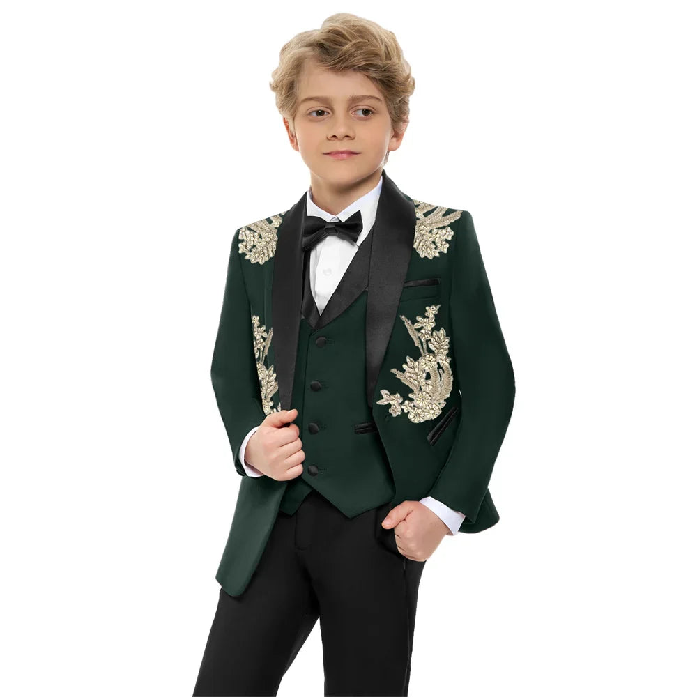 Stunning Luxurious Beaded Kids Suits Set 4 Pieces Handsome Dark Green Children's Tuxedo Party Wear Easter Boys Blazer In Stocks
