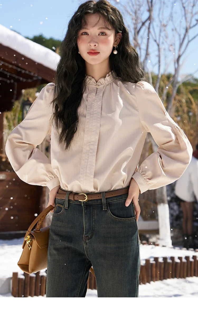 French Autumn Winter Button Up Lantern Long Sleeve Shirts Women Ruffle Neck Thick Warm Blouse Flannel Shirt MXC56X1320