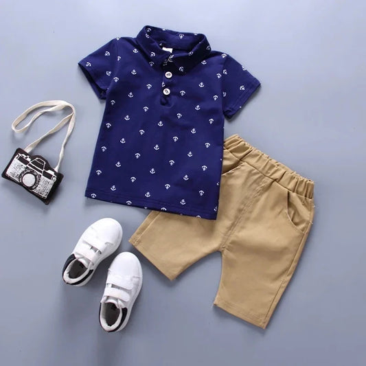 2PCS Baby Set Cute Kids Boys Clothes Summer Random Print Boat Anchor Pattern Short Sleeve Shorts Set For 1-5Years