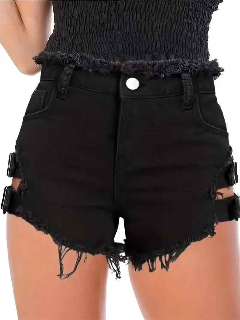 Women's Black Denim Shorts Low Waisted Frayed Hem Adjustable Buckle Straps Cutout Sexy Clubwear Party Mini Hot Pants