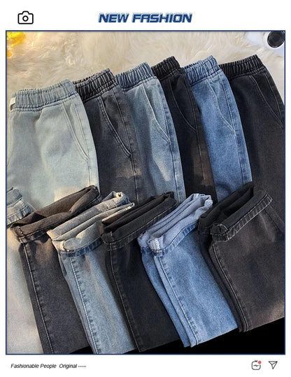 Casual Jeans Men's Baggy Straight Elastic Waist Drawstring Korea Fashion Male Vintage Denim Trousers Streetwear 3XL