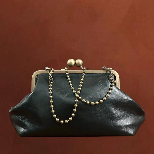 Lost in Vintage Artficial Leather Bag Tailored BBag Metal Frame Kiss Lock Bronze Snap Closure with Spheres Purse 30x16x9cm