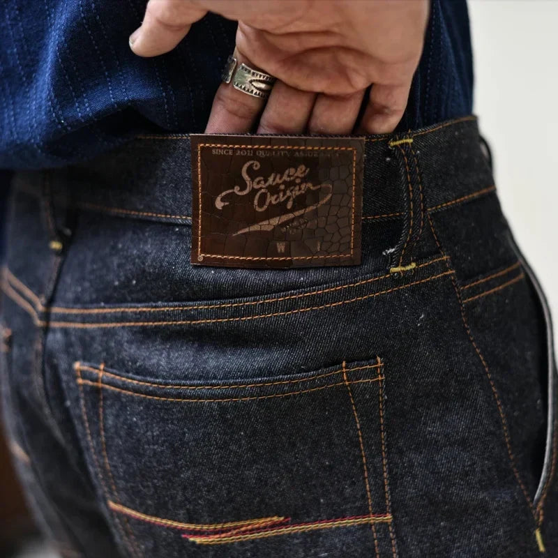 Mens Jeans Boxing Selvedge Denim Jeans Color Cotton Jeans for Men Silver Buttons Taper Fit  12.5 Oz