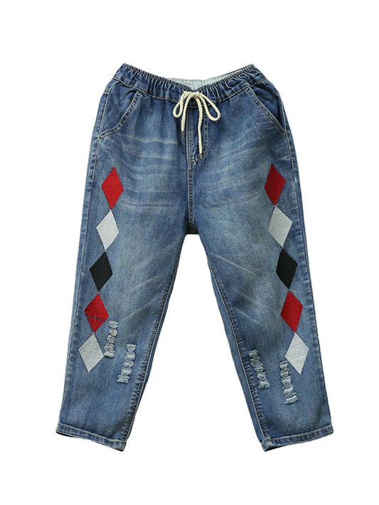 Summer Females Luxury Embroidery Jeans Womens Fashion Vintage Ripped Denim Trousers Loose Holes Elastic Harem Pants