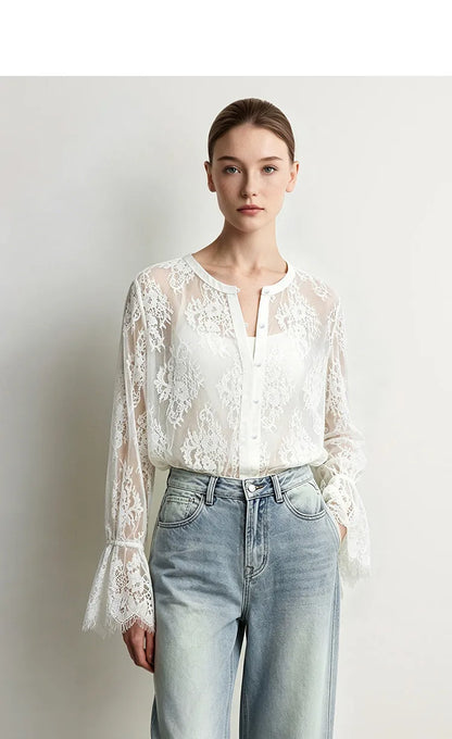 Lace Women's Blouse 2026 Autumn Crew Neck Sheer Long Sleeve Tops For Woman Lightweight Breathable Vacation Shirt 12643002