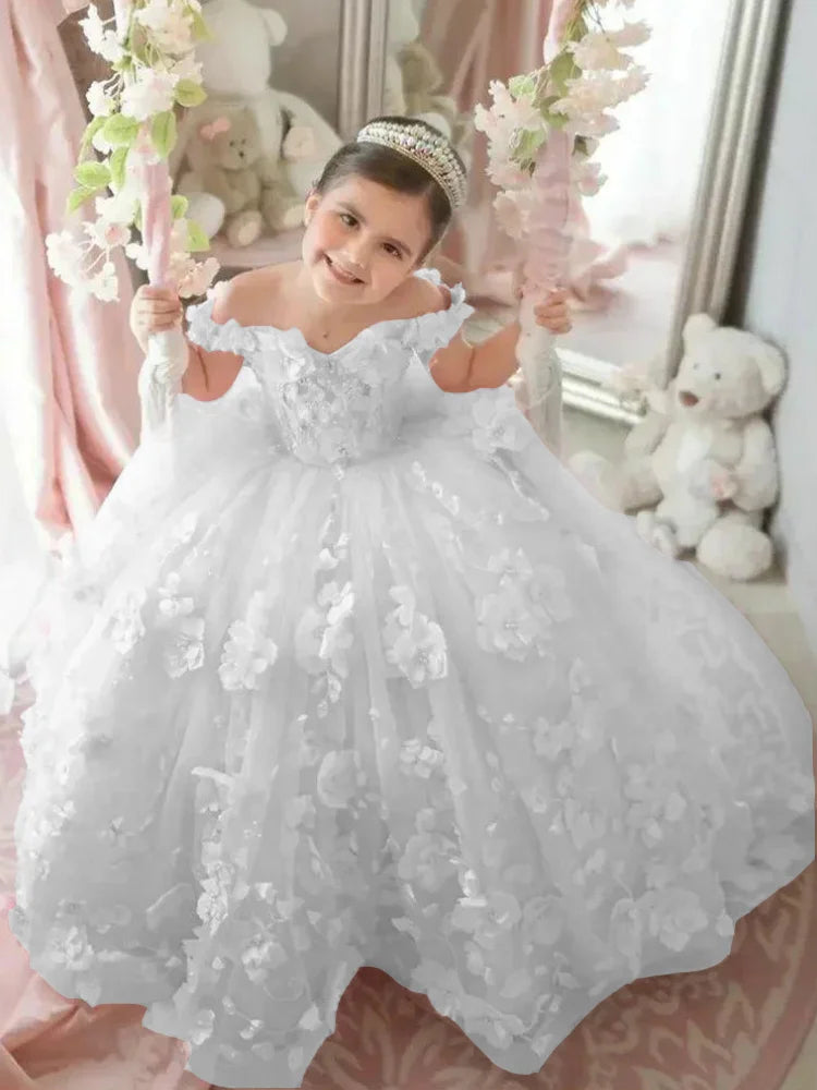Pink 3d Applique Flower Girl Dress For Wedding Off Shoulder Luxurious Pearls Tulle Child First Eucharistic Birthday Party Dress