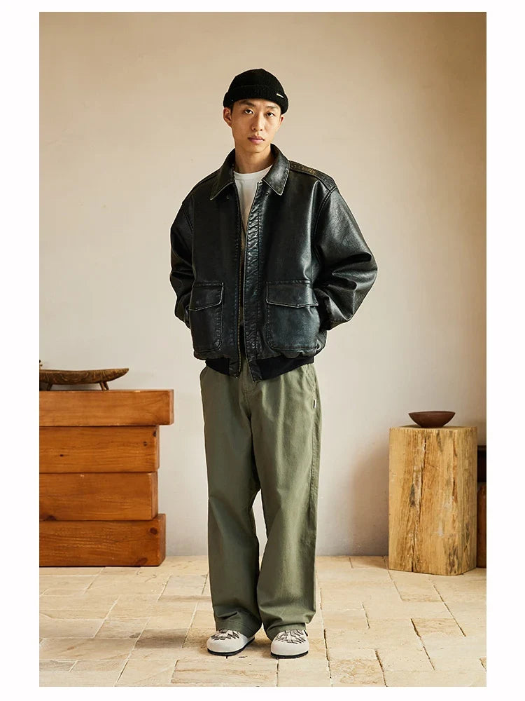 Spring Cool Handsome Oversized Vintage Distressed Black Pu Leather Jacket Men Pockets Luxury Designer Clothes 2024