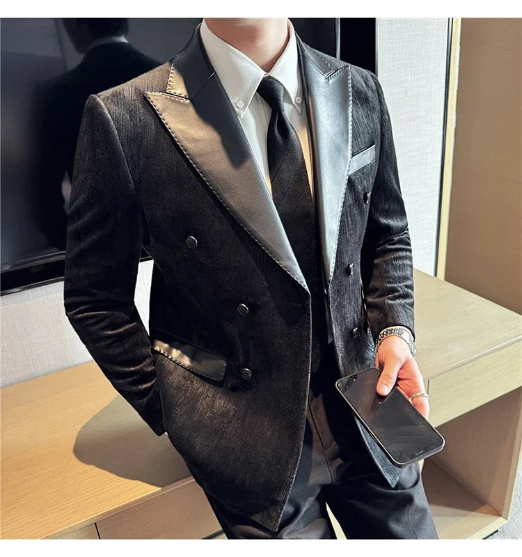 British Style Luxury Men Double Breasted Suit Jacket High Quality Fashion PU Leather Neck Spliced Coats Groom Social Party Dress