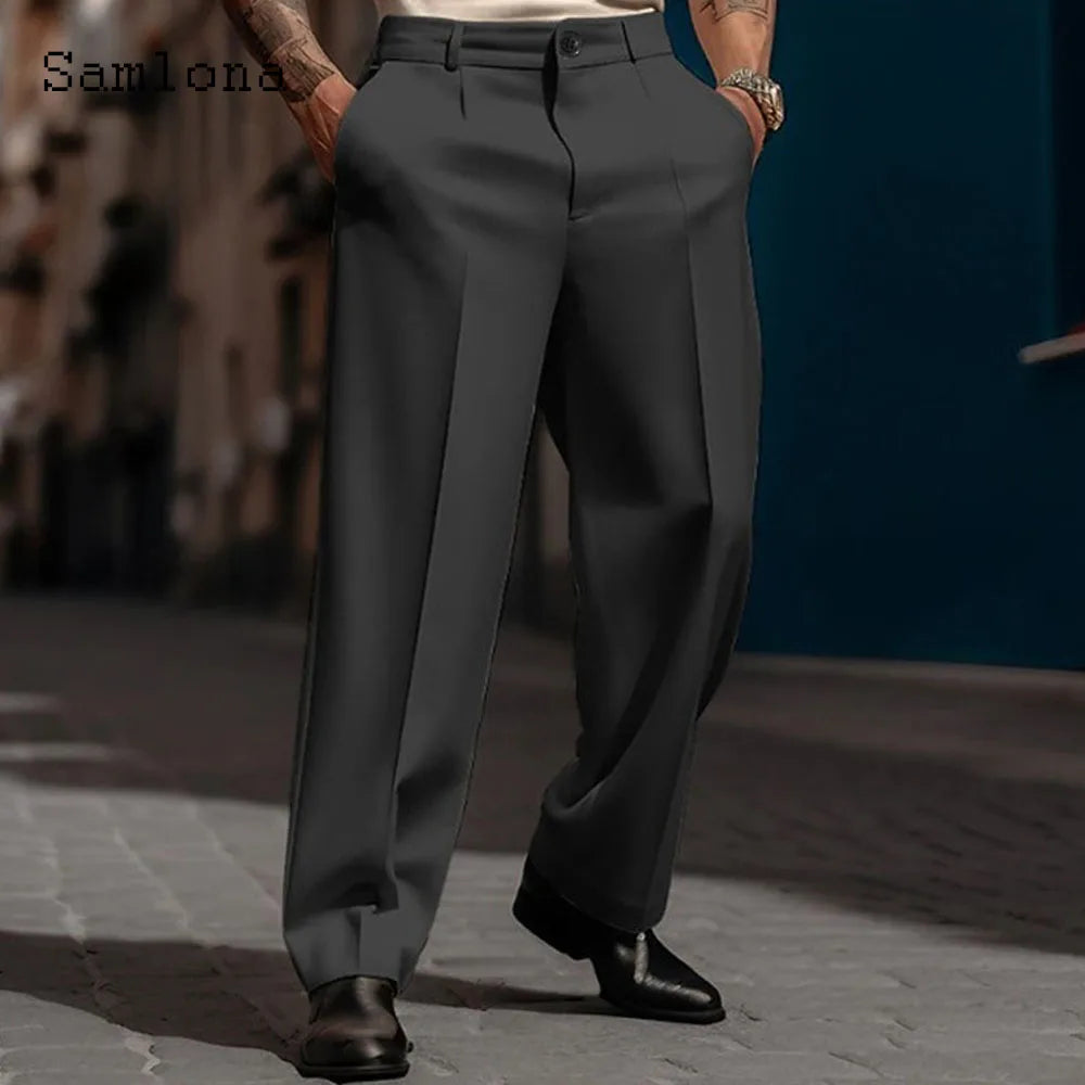 2023 Men's Stand Pocket Elegant Wide Leg Pants Solid White Party Wedding Trousers Plus Size Mens Fashion Buttons Up Suit Pants