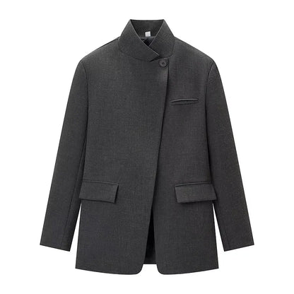 2026 Spring Female Coats Stand Collar Asymmetrical Pockets Gray Plaid Blazers Autumn Woman's Outerwear Clothing Vintage Street