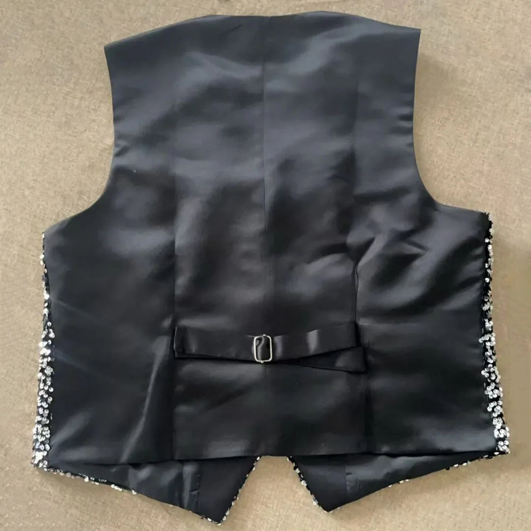 Men Vest Black Sequin V Neck Single Button Waistcoat For Wedding Birthday Banquet Party Business Daily Casual Men Suit Vest