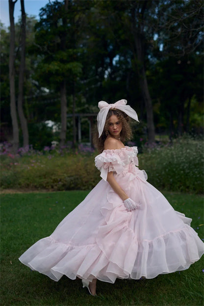 Baby Pink Off Shoulder Prom Dress Sweet Edge Curl Organza Vestidos De Noche Puffy Prom Dress Customized فساتين السهرة