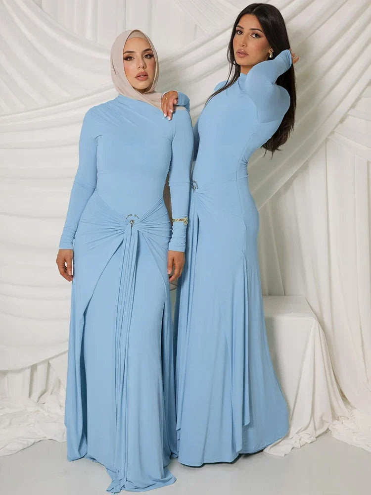 Ruched Elegant Maxi Dress Women Daily Casual Fashion Skinny Full Sleeve Solid Gown Midnight Prom Party Long Bodycon