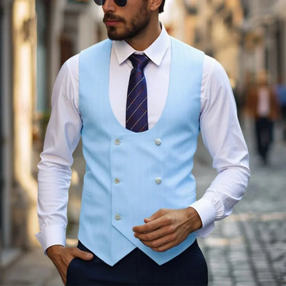 Man Suit Vest Vintage Striped Double-breasted Men Waistcoat British Style Slim Sleeveless Casual Versatile Male Vest