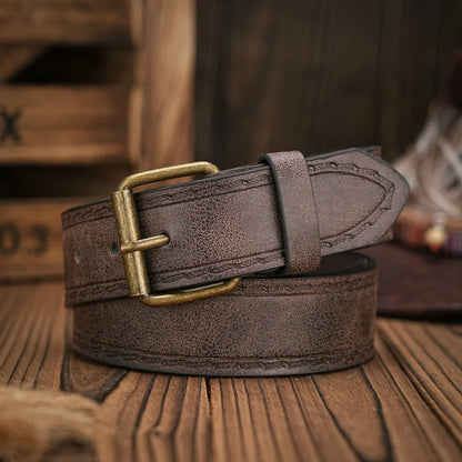 A Men's and Women's Matching Belt with Retro Button Closure, PU Faux Thread Embossed Belt, Casual Style, Versatile.