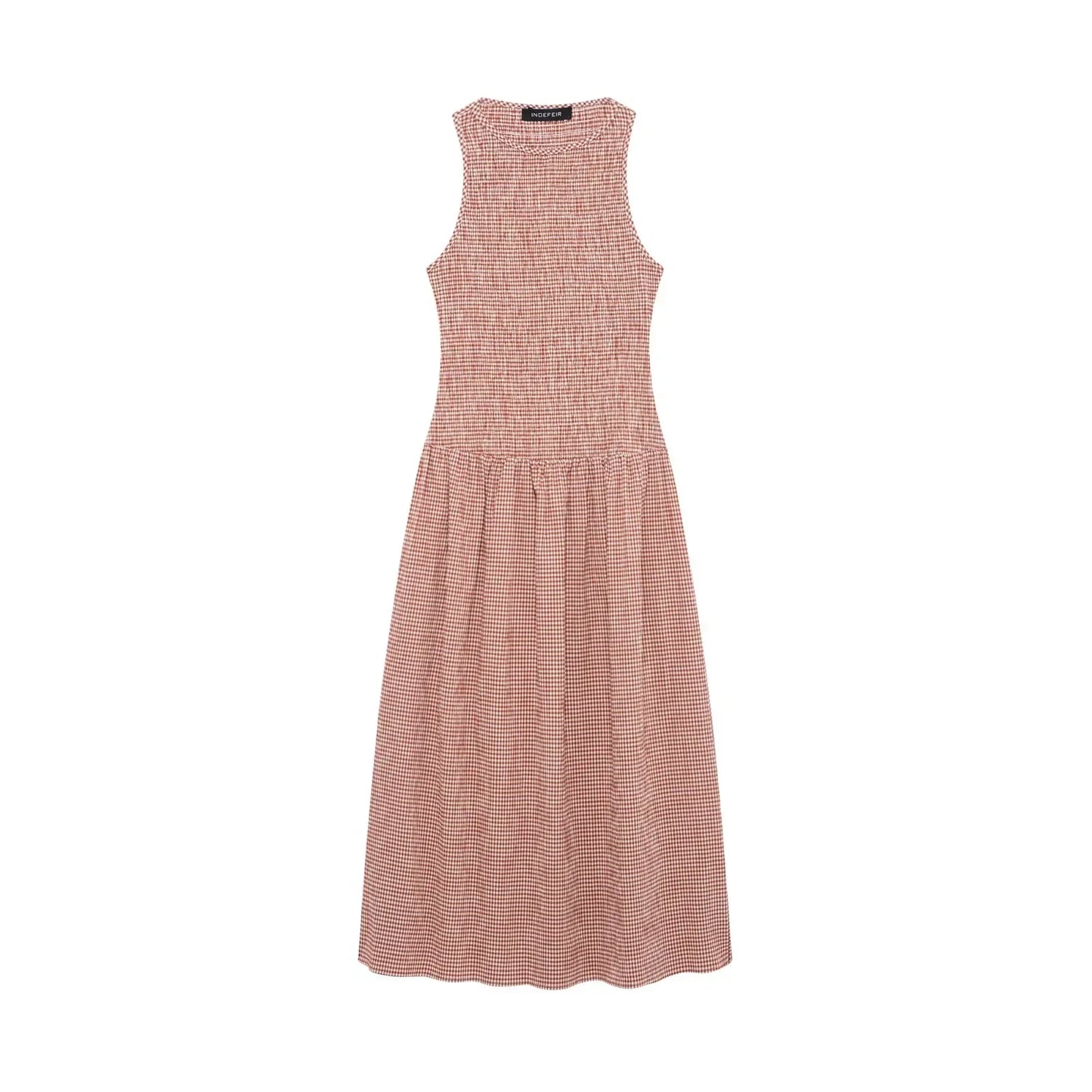 Dress for Women Fashion Summer New Plaid Fold Sleeveless O-neck Midi Vest Dresses French Chic Female Evening Clothing