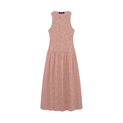 Dress for Women Fashion Summer New Plaid Fold Sleeveless O-neck Midi Vest Dresses French Chic Female Evening Clothing