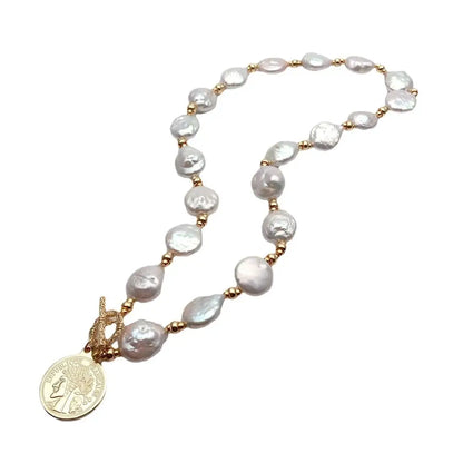 YYGEM 14x17mm Natural Freshwater White Coin Pearl Necklace 21mm Gold Plated Charm Pendant For Women Fashion Jewelry