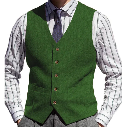 Men Vest Brown Herringbone Solid Color V Neck Waistcoat For Wedding Business Banquet Work Formal Daily Casual Men Suit Vest