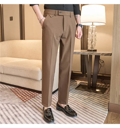 Men's High-Grade Trousers, Stretch Waist, Casual Trousers Slim Fit Navy Blue, Business All-Match，Male Pants