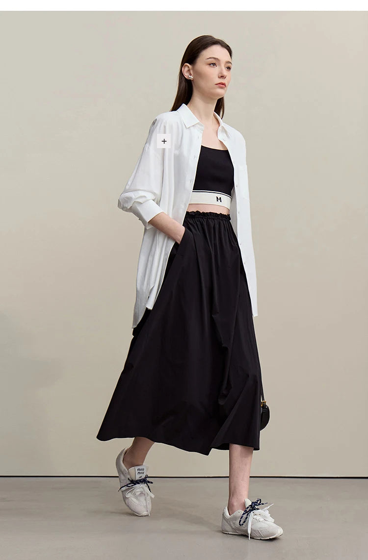 Women's Skirt 2026 Summer New Ruffle Hem Elastic Waist A-Line Midi Skirt Casual Outdoor Loose Fit Skirt For Women 12622013