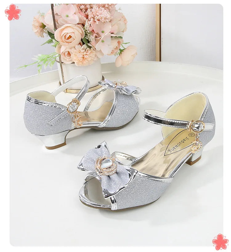 Girls Princess Sandals Summer Open-toe Elegant Children High Heels Fashion Sequins Crown Kids Causal Glitter Wedding Dress Shoes