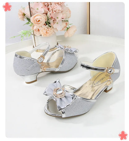 Girls Princess Sandals Summer Open-toe Elegant Children High Heels Fashion Sequins Crown Kids Causal Glitter Wedding Dress Shoes