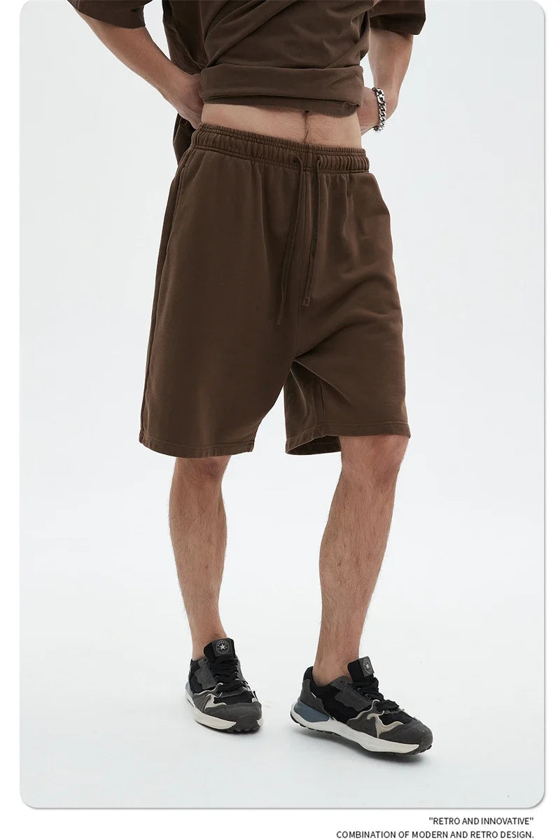 Fashion Summer Men 420gsm Washed Cotton Shorts Retro Unisex High Street Terry Knee Length Short Pants Streetwears HY0845