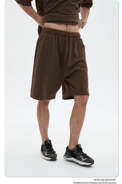 Fashion Summer Men 420gsm Washed Cotton Shorts Retro Unisex High Street Terry Knee Length Short Pants Streetwears HY0845