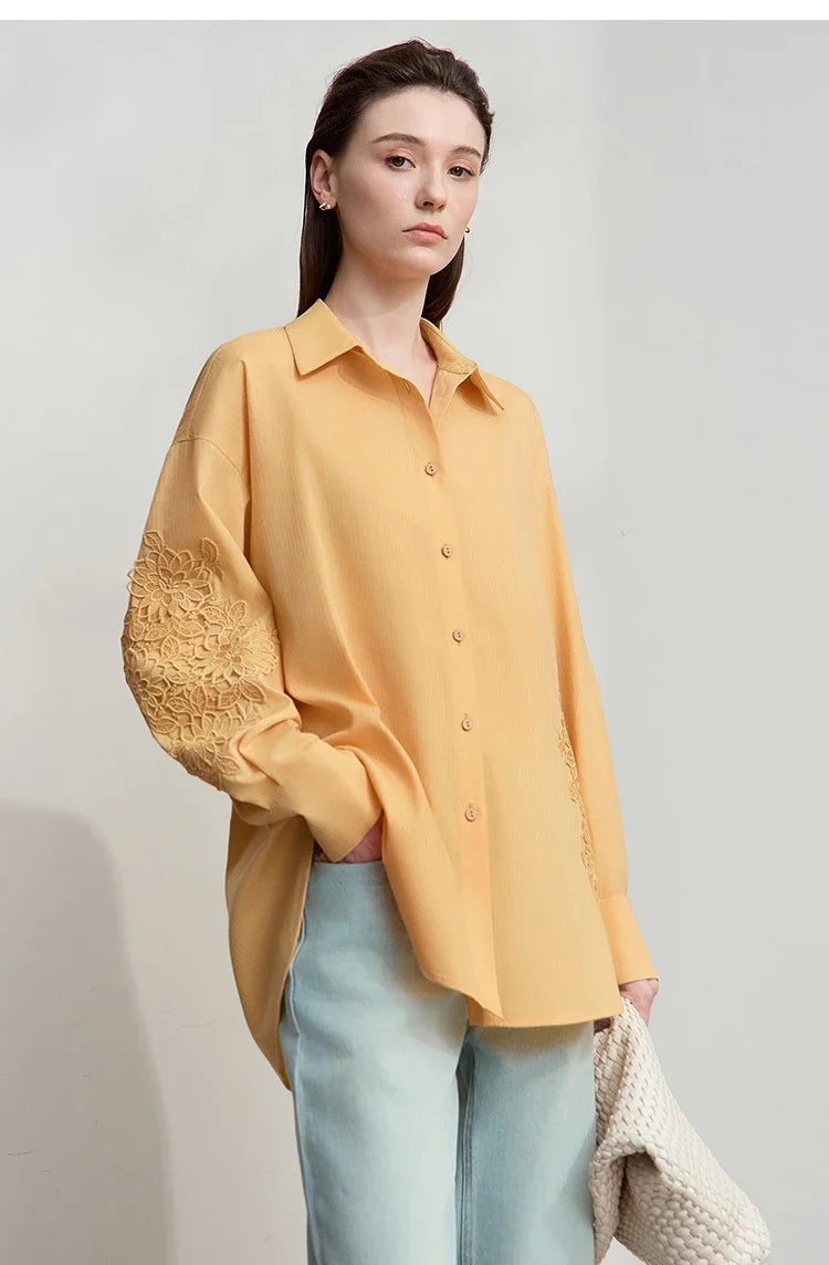 2025 New Arrival Autumn Offce Lady Shirt Turn-down Collar Drop Sleeves Loose Blouse Lace Splicing Women Clothing 12553077