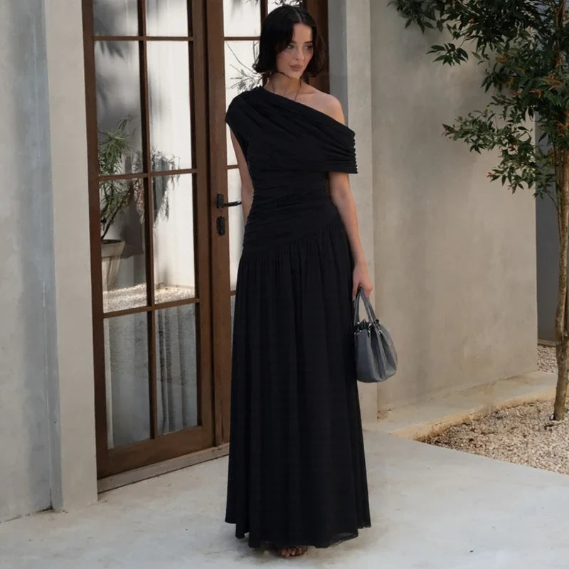 One Shoulder Ruched Sleeveless Solid Pleated Sexy Irregular Y2K Maxi Dress Summer Elegant Party Women Clothes Vacation