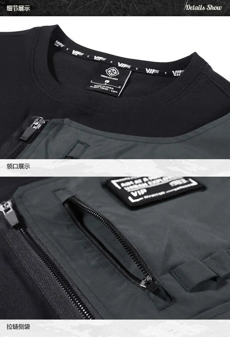Fashion Men Black Techwear 100% Cotton Patch Stich Short Sleeve T-Shirts Summer Mens Oversized Locomotive Style Tooling T Shirt