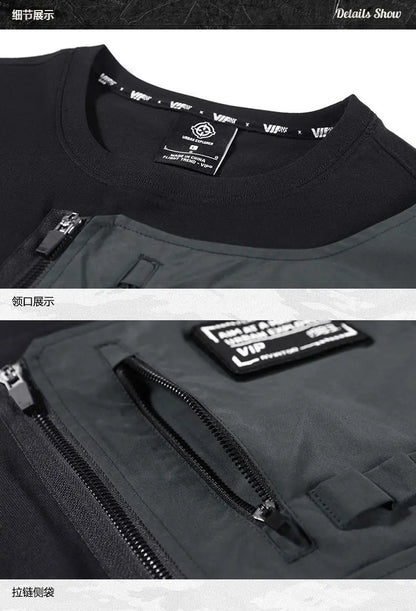 Fashion Men Black Techwear 100% Cotton Patch Stich Short Sleeve T-Shirts Summer Mens Oversized Locomotive Style Tooling T Shirt