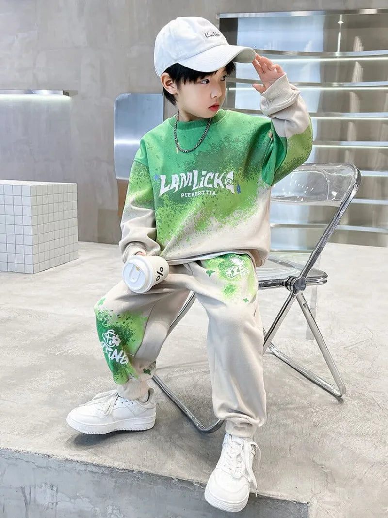Print Sweatshirt Set Children's Clothing From 8 To 12 Years Korean 2025 Sets Kids Boy Clothes Winter Top Bottom Boys Autumn Suit