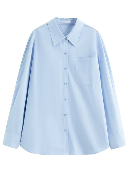 Women's French Loose Fit Cotton Shirt Long Sleeve Layering Top with Web Strap Detail Casual Oversized Blouse