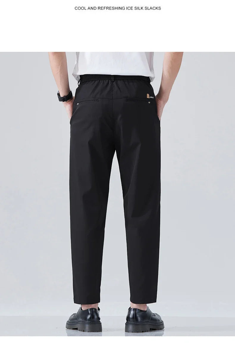 2026 Spring Summer Thin Ice Silk Suit Pants Men's Business Straight Slim High Elastic Ankle Length Casual Pants Male
