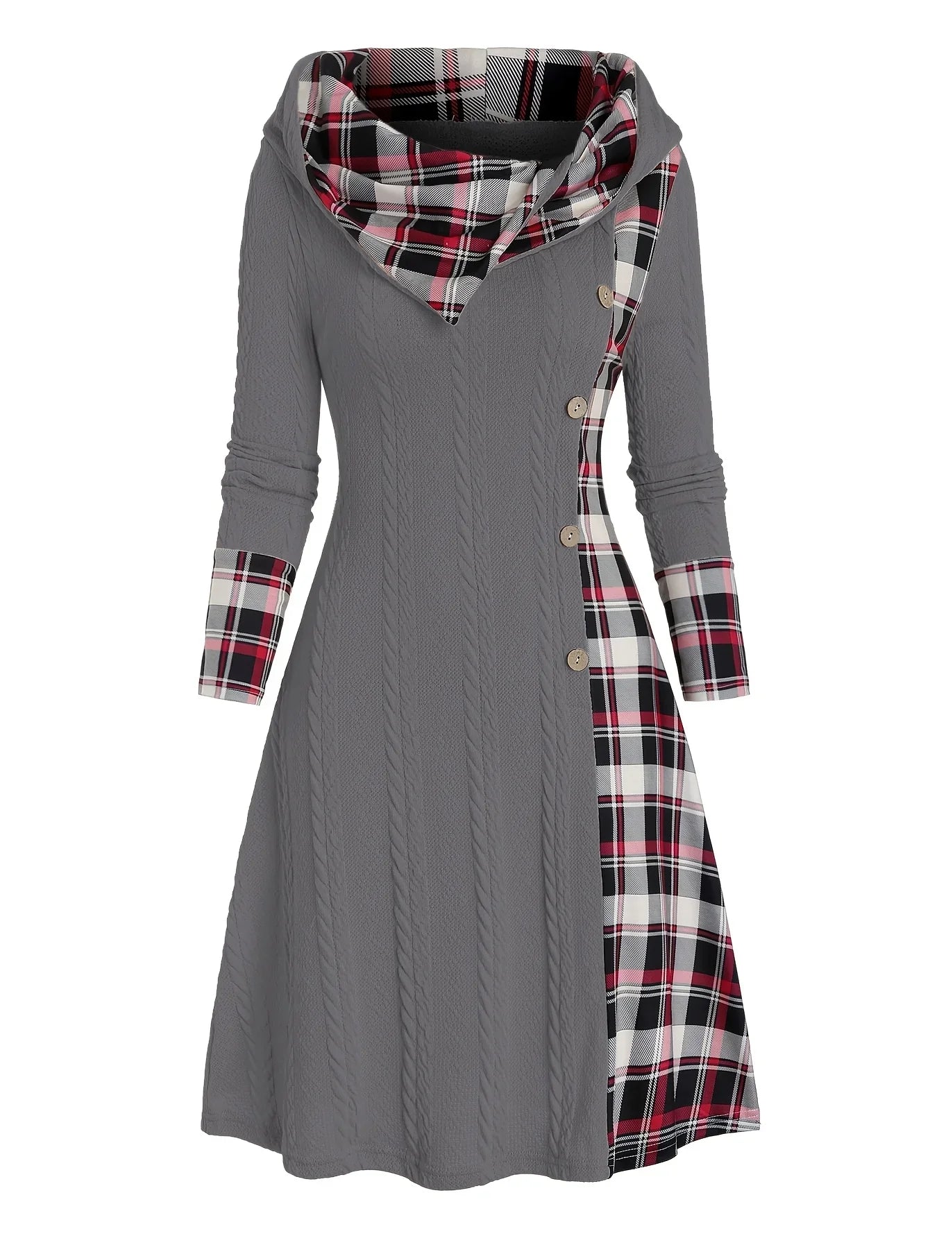 Knitted hooded dress plaid print stitching fake buckle high waist long sleeve A-line dress female