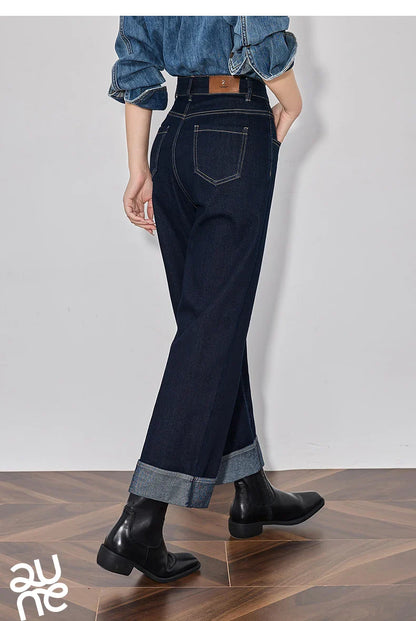 Women Denim Jeans 2025 Spring New Straight Wide Leg Rolling Up Ankle Length Cropped Pants