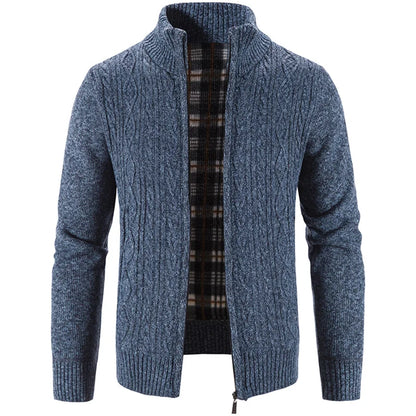 Winter Autumn New Sweater Knit Cable Cardigan Men Business Casual Jacket Zipper Up Solid Color Turn-down Coat Fleece Clothes