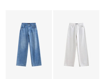 Women Denim Jeans 2025 Spring New Acetate Wide Leg Mid Low Waist Slim Fit Straight Wide Leg Pants