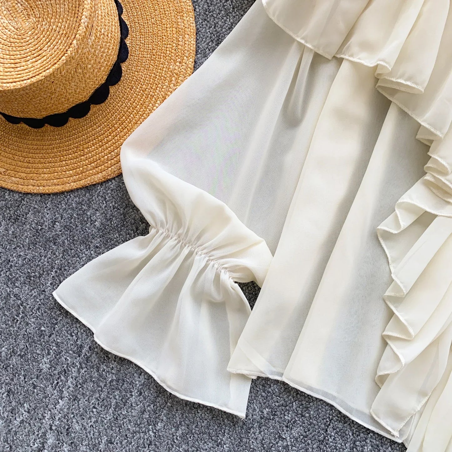 Chic Ruffles Splice Chiffon Blouse V Neck Flared Sleeve Loose Tops 2025 Fashion Solid Fairycore Vacation Women Shirt