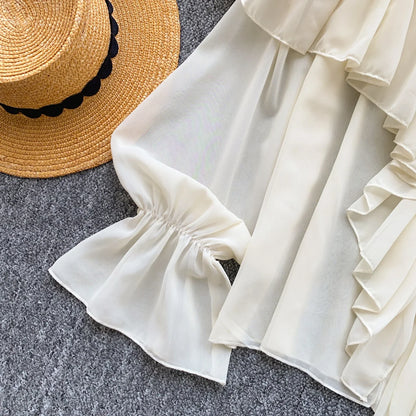 Chic Ruffles Splice Chiffon Blouse V Neck Flared Sleeve Loose Tops 2025 Fashion Solid Fairycore Vacation Women Shirt