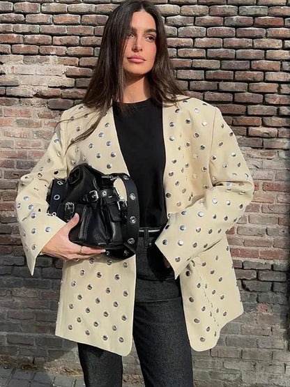 Women's Rivet Decoration Casual Blazer Long Sleeve V Neck Beige Spring Fall Coat