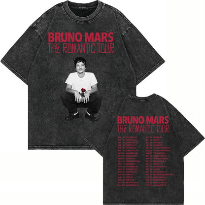 100% Cotton Vintage Washed Bruno Mars The Romantic Tour 2026 T Shirt Fashion Men Aesthetic Oversized Loose Acid Wash Tees Shirts