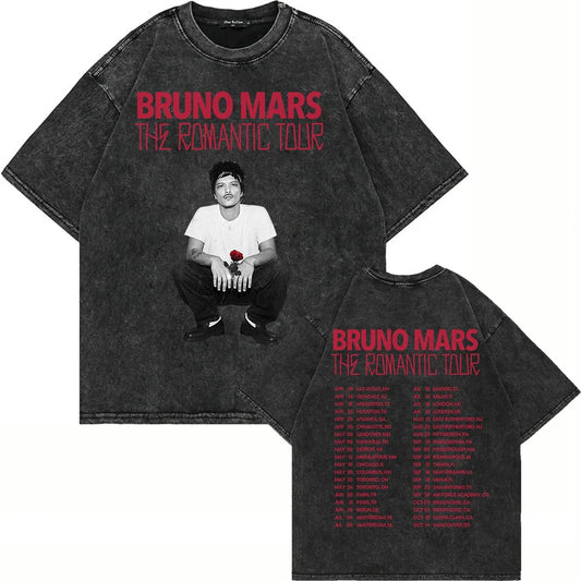 100% Cotton Vintage Washed Bruno Mars The Romantic Tour 2026 T Shirt Fashion Men Aesthetic Oversized Loose Acid Wash Tees Shirts
