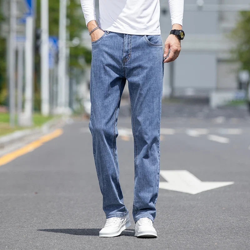 2026 New Autumn Men's Blue Straight-leg Jeans Business Casual Cotton Stretch Denim Pants Male Brand Plus Size 40 42 44