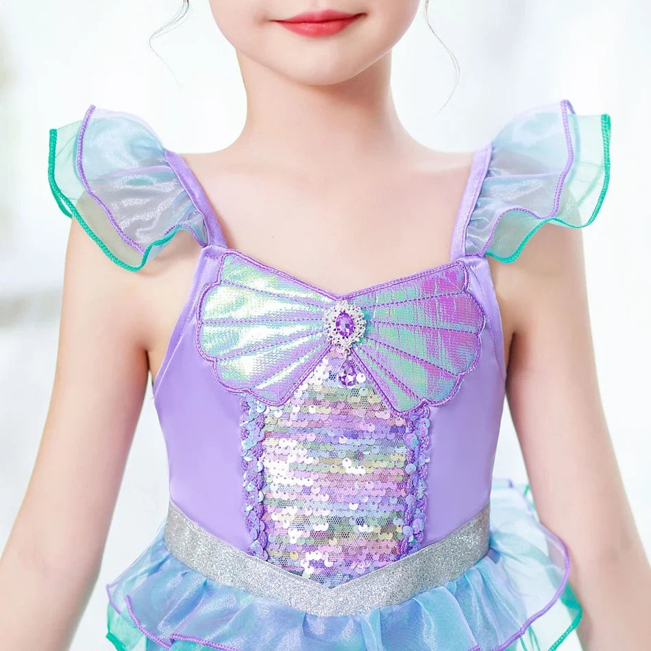 Halloween Costume Mermaid Dress Girl Ruffles Shell Fishtail Frocks Ariel Fantasy Luxury Princess Gown Children Fancy Fairy Dress