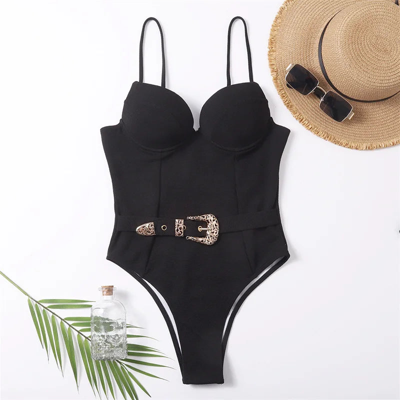 Sexy Push Up Underwire Swimwear Women Solid White Black Padded Buckle One Piece Swimsuit Beach Bathing Suit Bodysuit Monokini